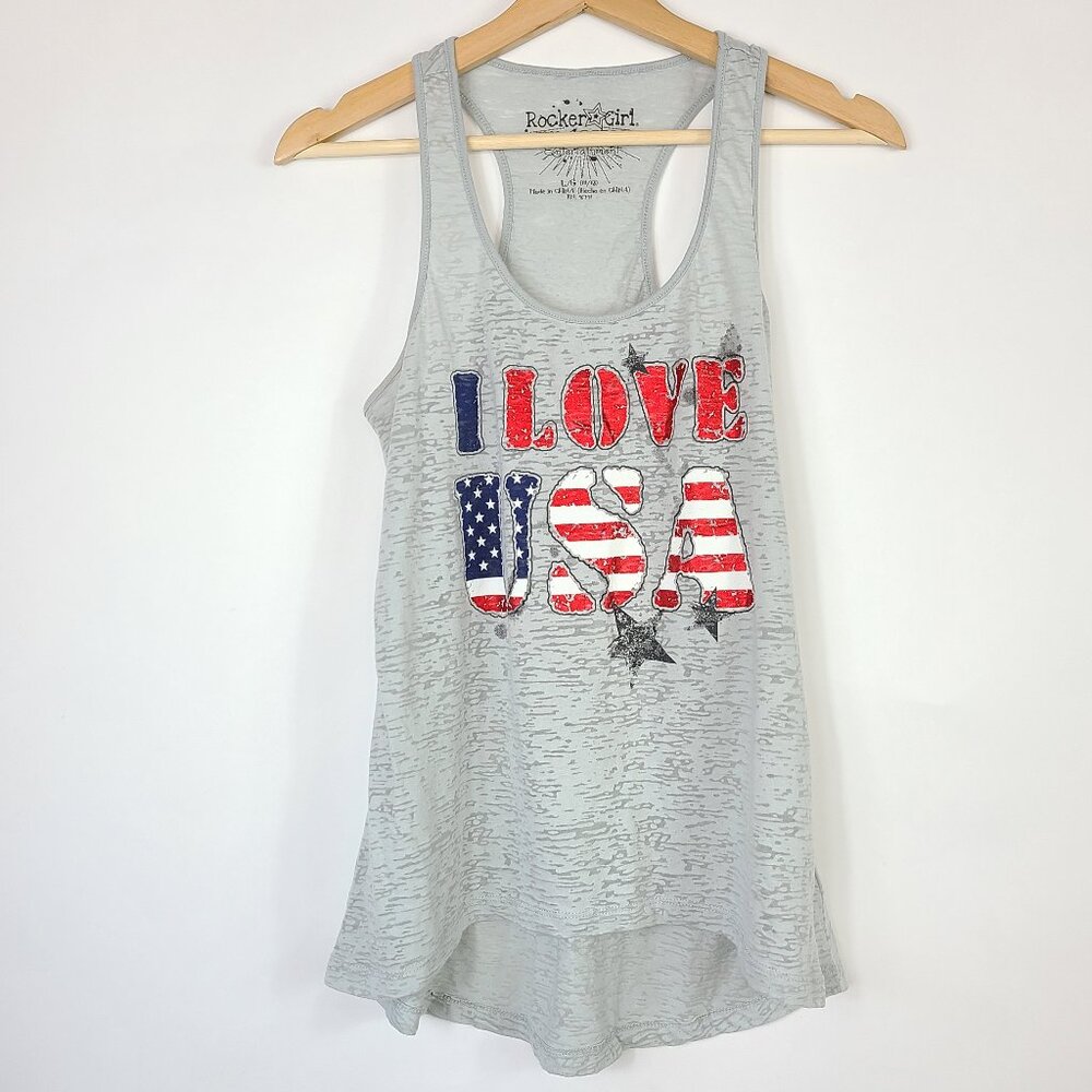 Rocker Girl Patriotic Tank Top I Love USA Flag Print Gray L (11/13)